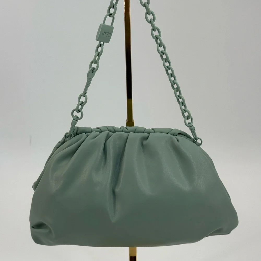 V°73 Sage Green Ruched Shoulder Bag with Chain Strap Soft Pebble Leather Purse